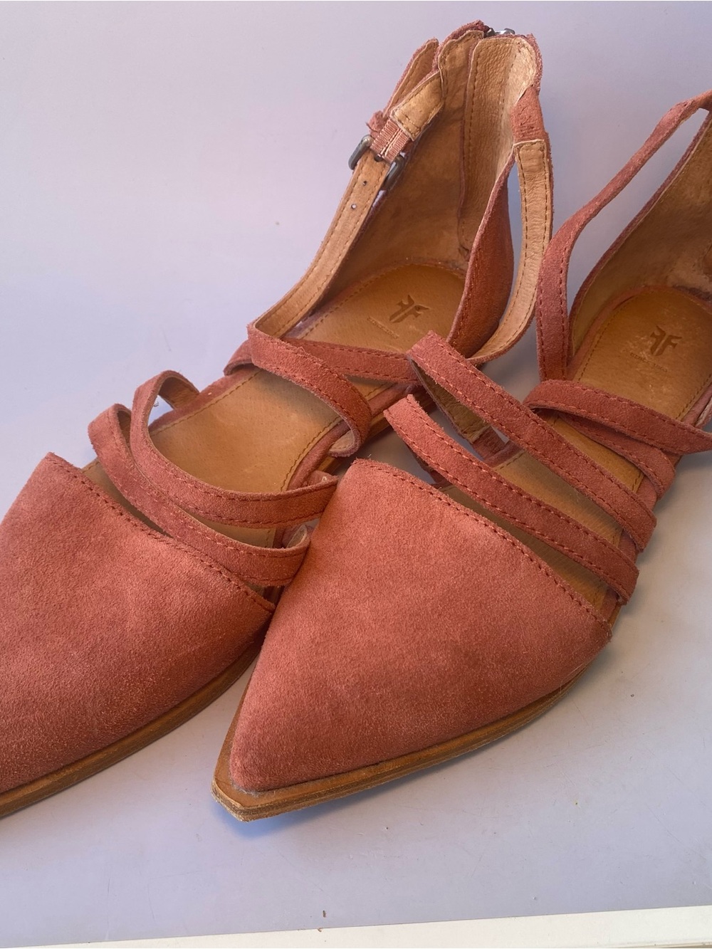Frye Kenzie Moto Strappy Leather Suede Pointed Toe Flat Size 8 Dusty Rose